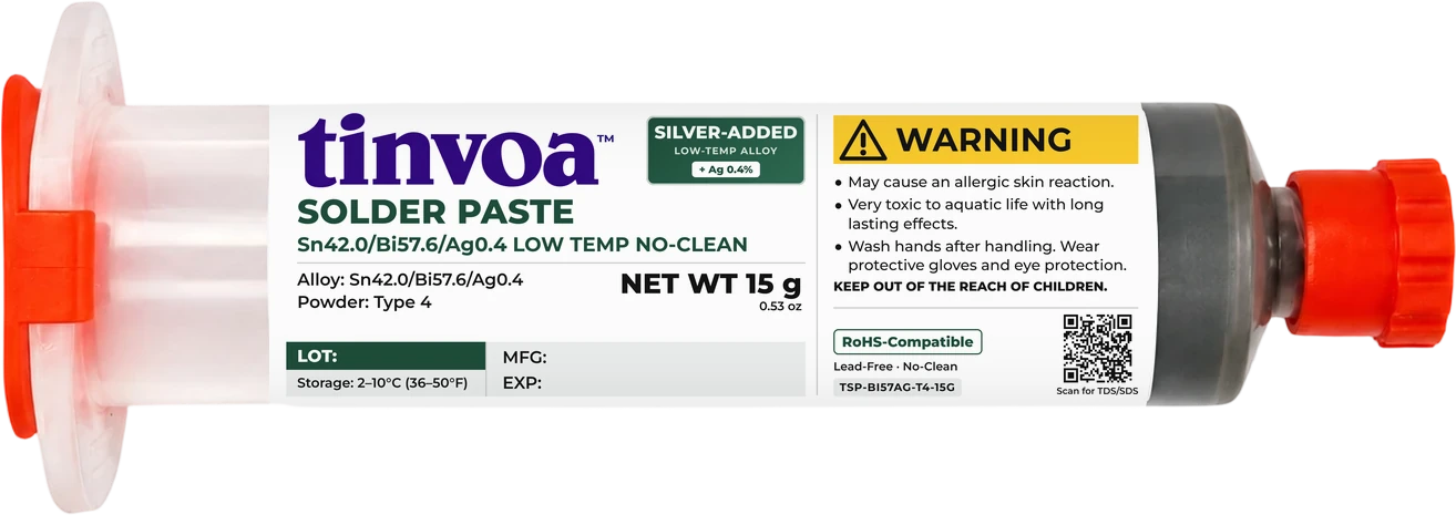 tinvoa Sn42/Bi57.6/Ag0.4 silver-added low-temp solder paste — 15 g syringe