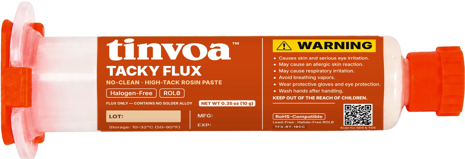 tinvoa No-Clean Tacky Flux — high-tack halide-free rosin paste, 10cc syringe