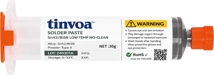 tinvoa Sn42/Bi58 low-temp solder paste — 30 g syringe