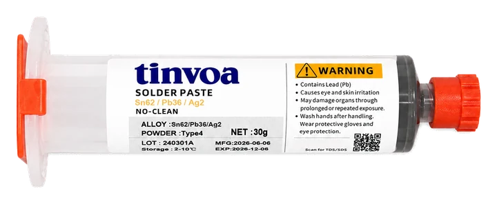 tinvoa Sn62/Pb36/Ag2 leaded solder paste — 30 g syringe